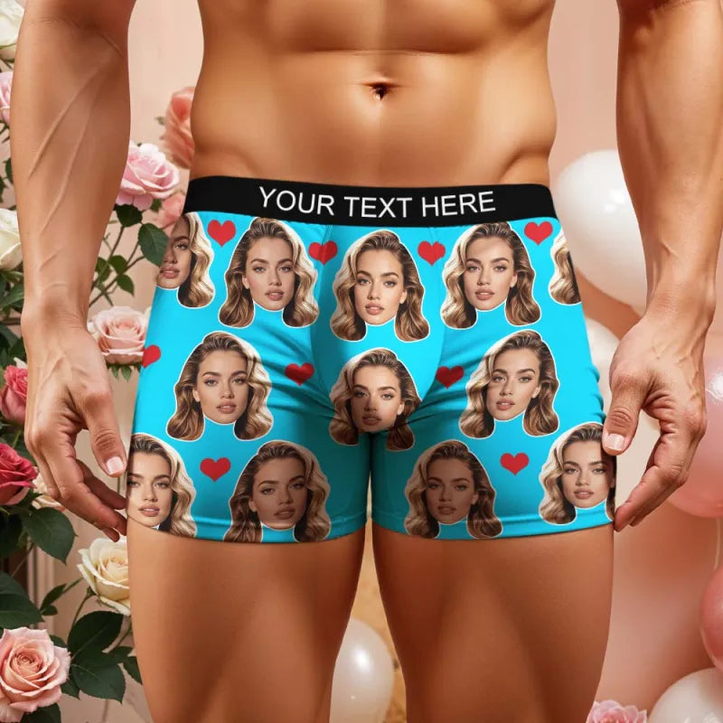 Personalized Face Boxer Custom Text Men Underwear with Heart Pattern Christmas Gift Personalized Photo Funny Valentines Gift