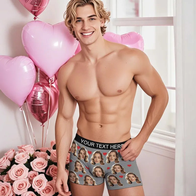 Personalized Face Boxer Custom Text Men Underwear with Heart Pattern Christmas Gift Personalized Photo Funny Valentines Gift