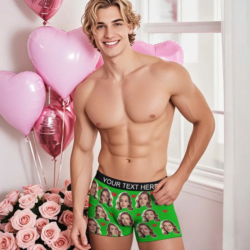 Personalized Face Boxer Custom Text Men Underwear with Heart Pattern Christmas Gift Personalized Photo Funny Valentines Gift