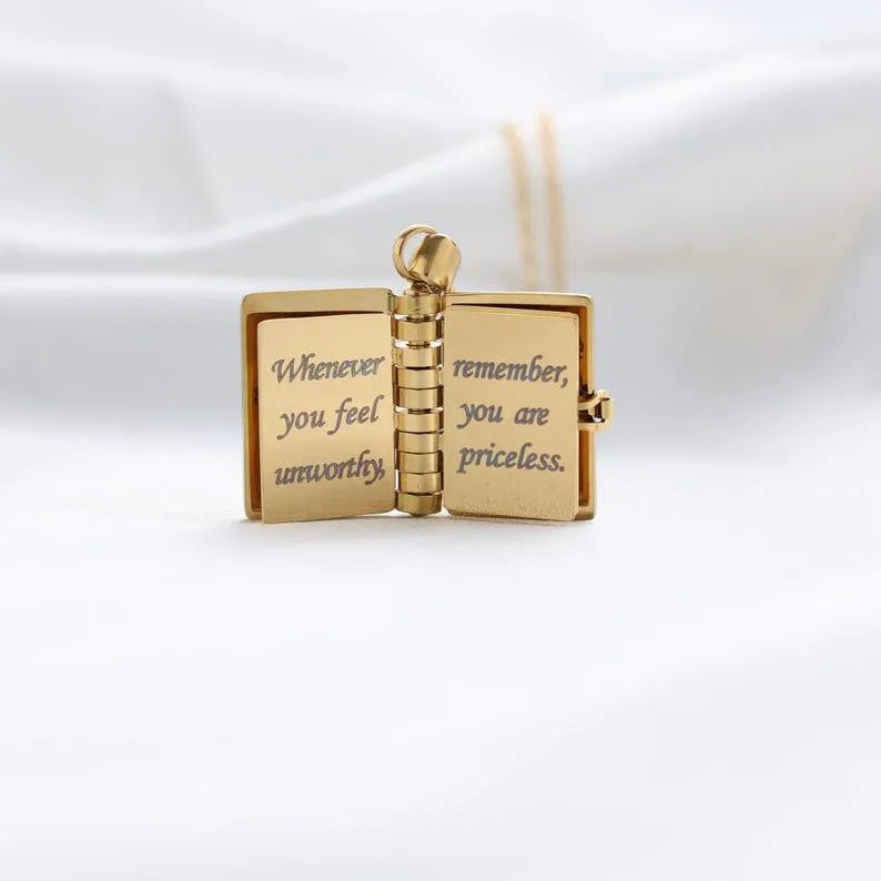 Personalized Text Book Necklace – Adjustable Pendant with Message Inside Meaningful Jewelry