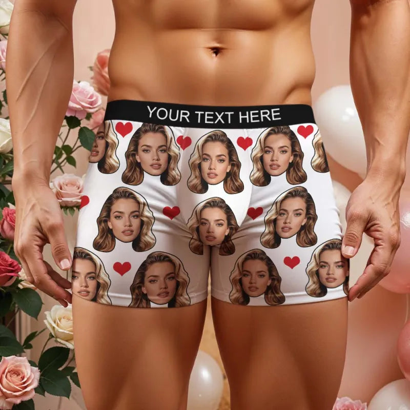 Personalized Face Boxer Custom Text Men Underwear with Heart Pattern Christmas Gift Personalized Photo Funny Valentines Gift