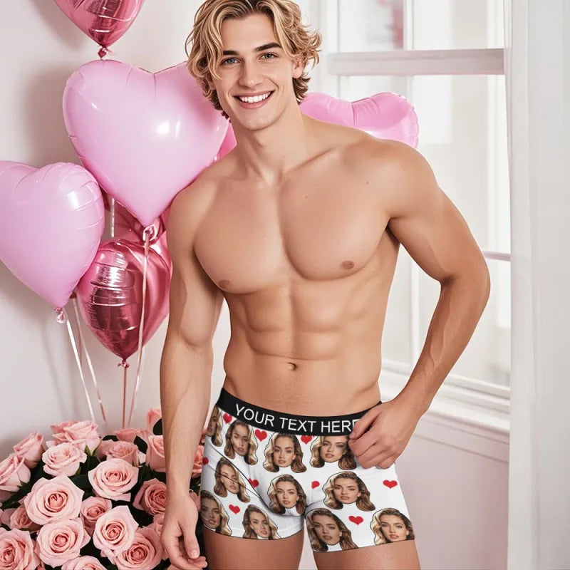 Personalized Face Boxer Custom Text Men Underwear with Heart Pattern Christmas Gift Personalized Photo Funny Valentines Gift