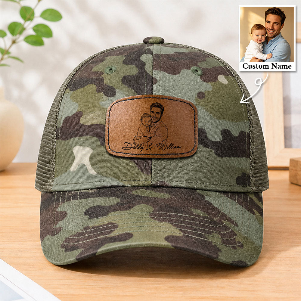 Father's Day Gifts, Custom Photo Sketch Line Art Father's Day Gift For Dad, Husband - Personalized Cap