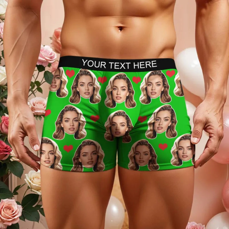 Personalized Face Boxer Custom Text Men Underwear with Heart Pattern Christmas Gift Personalized Photo Funny Valentines Gift