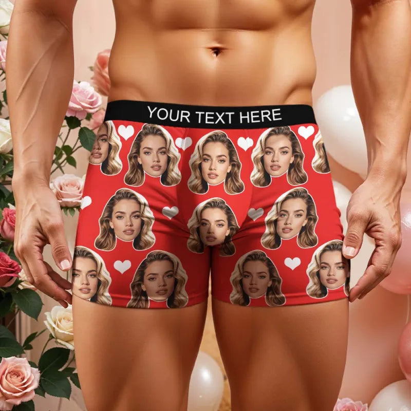 Personalized Face Boxer Custom Text Men Underwear with Heart Pattern Christmas Gift Personalized Photo Funny Valentines Gift