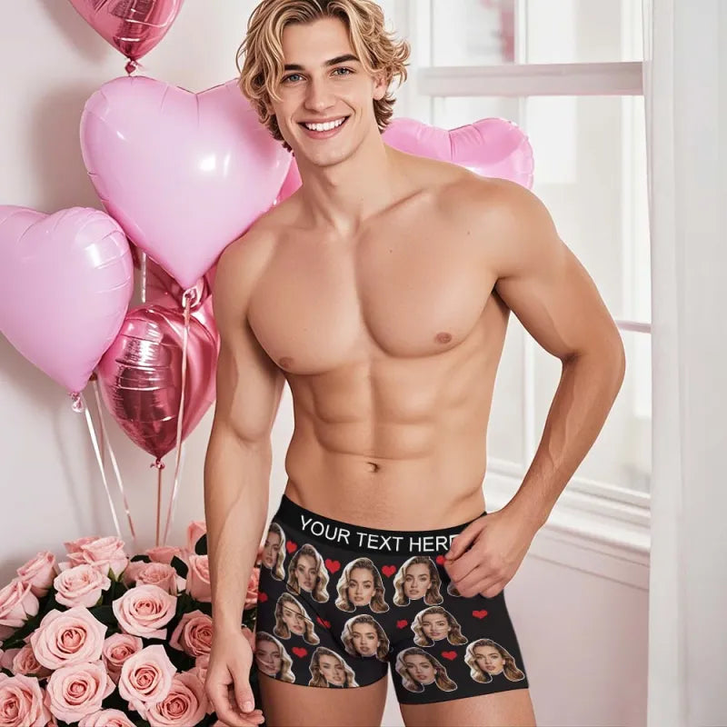Personalized Face Boxer Custom Text Men Underwear with Heart Pattern Christmas Gift Personalized Photo Funny Valentines Gift